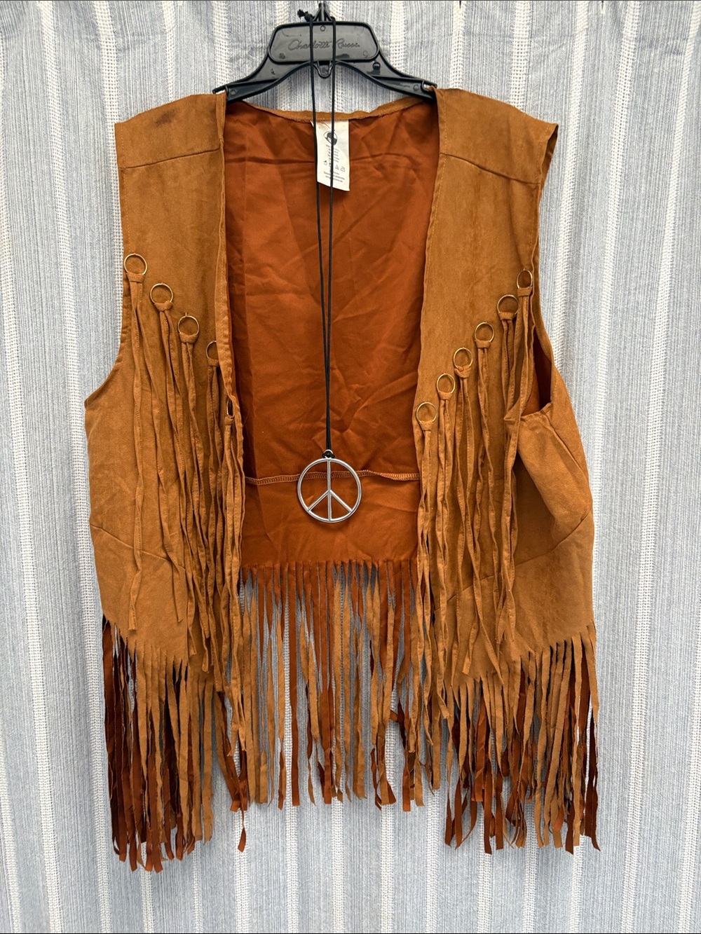 Halloween 70s Hippy Fringe Suede Vest in Burnt Orange with Peace ☮️ necklace